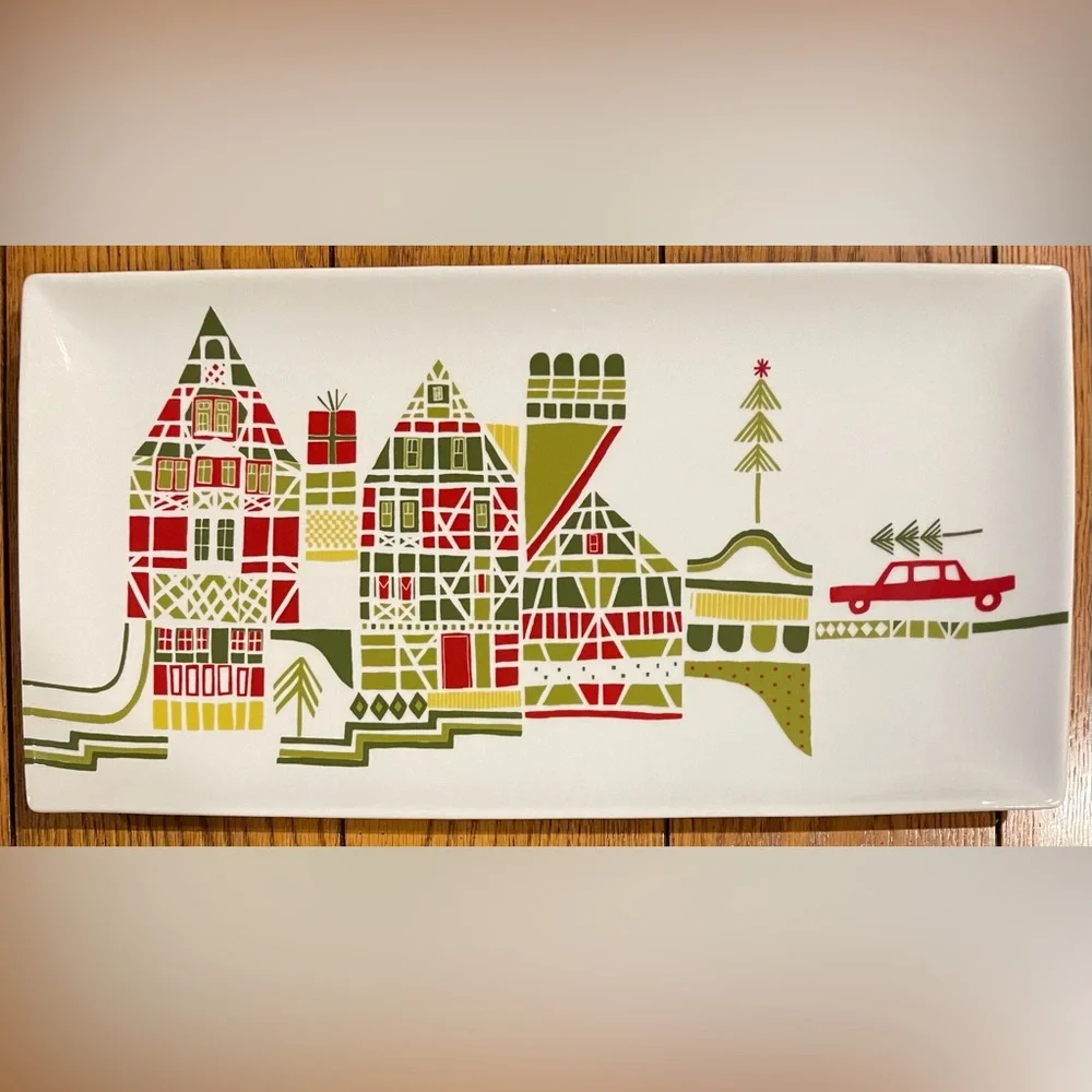 EUC Crate&Barrel Julia Rothman Yule Christmas Town Platter, 15 1/4 X 8 inch